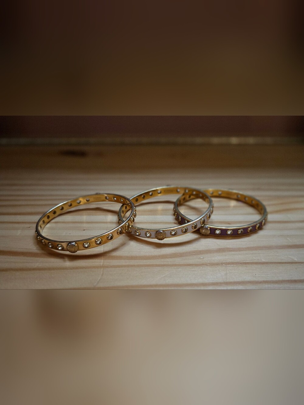 Vintage Coach Gold Tone 3 Bangle Bracelet Set. Purple, White, Gold.